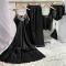 sexy non-stretch embroidered satin four-piece set sleepwear(with a storage bag)_Black