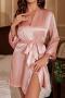 casual non-stretch solid color imitation silk nightgown with belt sleepwear_Black_White_Pink