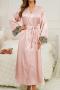stylish non-stretch v-neck dress casual imitation silk belt robe sleepwear set_Black_Pink