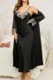 stylish non-stretch v-neck dress casual imitation silk belt robe sleepwear set_Black