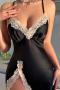 sexy non-stretch lace stitching imitation silk v-neck sling dress sleepwear_Black