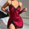 sexy non-stretch lace stitching imitation silk v-neck sling dress sleepwear_Black_White_Red