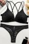 sexy slight stretch flower lace padded bras sets_Black