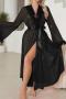 sexy slight stretch feather decor sparkling with belt nightgown sleepwear_Black