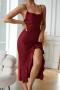 sexy non-stretch sling imitation silk ruffle slit midi dress sleepwear_Black_White_Light Pink_Rose Red