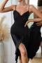 sexy non-stretch sling imitation silk ruffle slit midi dress sleepwear_Black