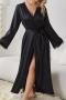 sexy non-stretch satin mesh patchwork with belt robe sleepwear_Black