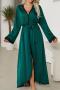 sexy non-stretch satin mesh patchwork with belt robe sleepwear_Black_Rose Red_Dark Green