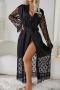sexy non-stretch solid satin tassel with belt robe sleepwear_Black