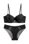 sexy slight stretch lace trim padded bras sets(with underwire)_Black