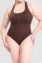 high stretch solid color halter-neck body shaping bodysuit shapewear_Black_Brown
