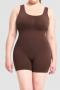 high stretch solid color square neck sleeveless playsuit shapewear_Black_Brown