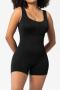 high stretch solid color square neck sleeveless playsuit shapewear_Black