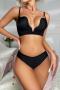 stretch solid color v-neck gather with underwire padded bras sets_Black