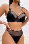 stretch stitching mesh gather support with underwire padded bras sets_Black