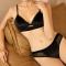 sexy slight stretch velvet mesh lace hollow see-through thin bra set_Black
