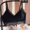 plus size slight stretch lace v-neck gather padded triangle bra size run small#1_Black
