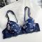 plus size stretch floral batch printing lace trim with bra rim gather padded_Black_Dark Blue