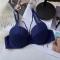 sexy plus size slight stretch solid color thin large breast push up lift bra#2_White_Dark Blue