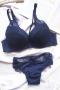 plus size stretch stitching lace gather with bra rim padded bra sets#2_White_Dark Blue