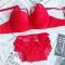 plus size stretch stitching lace gather with bra rim padded bra sets#3_Black_Red