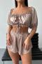 non-stretch solid color satin off shoulder shorts sets sleepwear_White_Pink_Brown