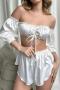 non-stretch solid color satin off shoulder shorts sets sleepwear_White
