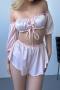 non-stretch solid color satin off shoulder shorts sets sleepwear_White_Pink