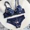plus size stretch floral batch printing lace trim with bra rim padded bras_Black_Dark Blue