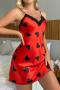 sexy non stretch imitation silk heart printed lace patchwork sleepwear_Light Pink_Red