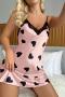 sexy non stretch imitation silk heart printed lace patchwork sleepwear_Light Pink