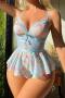 slight stretch floral batch printing lace mesh see-through sexy teddy collection_Pink_Sky Blue