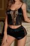 sexy plus size lace stitching lace sling shorts sets size run small_Black