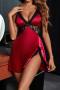 sexy plus size non-stretch satin stitching lace sling mini dress sleepwear_Black_Rose Red