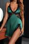 sexy plus size non-stretch satin stitching lace sling mini dress sleepwear_Black_Rose Red_Dark Green
