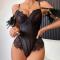 sexy slight stretch lace underwire feather metallic chain decor teddy collection_Black