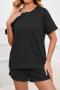 casual plus size stretch simple loose solid pocket short sets loungewear_Black