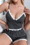 sexy slight stretch sling lace edge crop top shorts set sleepwear_Dark Gray