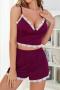 sexy slight stretch sling lace edge crop top shorts set sleepwear_Dark Gray_Rose Red