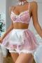 sexy stretch maid costumes three-piece set(with leg rings&neck ring&underwire)_Black_Pink