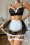 sexy stretch maid costumes three-piece set(with leg rings&neck ring&underwire)_Black
