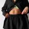 sexy non-stretch solid color loose jacquard high slit shorts set loungewear_Black