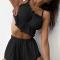 sexy non-stretch solid color sling backless shorts set  sleepwear_Black
