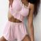 sexy non-stretch solid color sling backless shorts set  sleepwear_Black_White_Pink