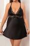 sexy plus size slight stretch stitching lace v-neck sleepwear_Black