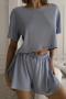 casual plus size slight stretch solid color loose shorts set loungewear_Sky Blue