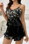 sexy non-stretch cherry printing sling imitation silk two-piece set sleepwear_Black