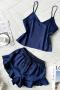 new non-stretch sexy imitation silk pure color loose two-pieces set sleepwear_Black_Pink_Red_Yellow_Haze Blue_Dark Blue