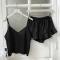 new non-stretch sexy imitation silk pure color loose two-pieces set sleepwear_Black