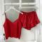 new non-stretch sexy imitation silk pure color loose two-pieces set sleepwear_Black_Pink_Red